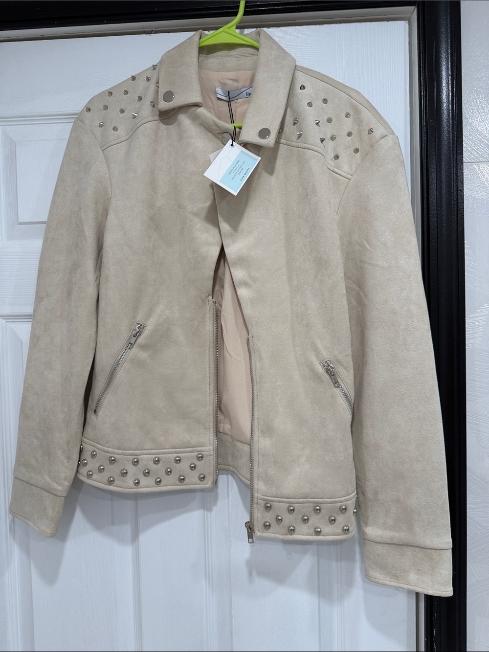 Studded Beige Suede Biker Jacket - Women